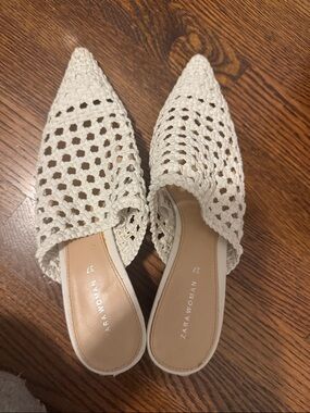Zara Cream Woven Pointed-Toe Slip-On Mules